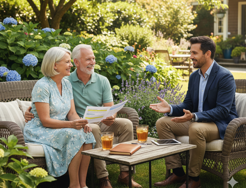 Retired couple talking about insurance