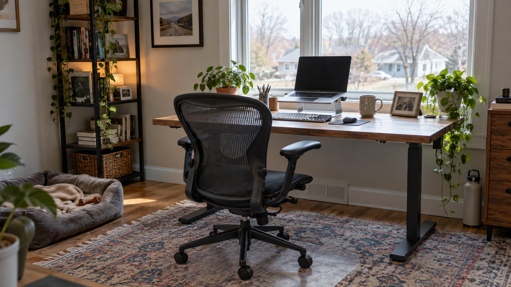 Home office desk with a laptop and adjustable chair beside a window