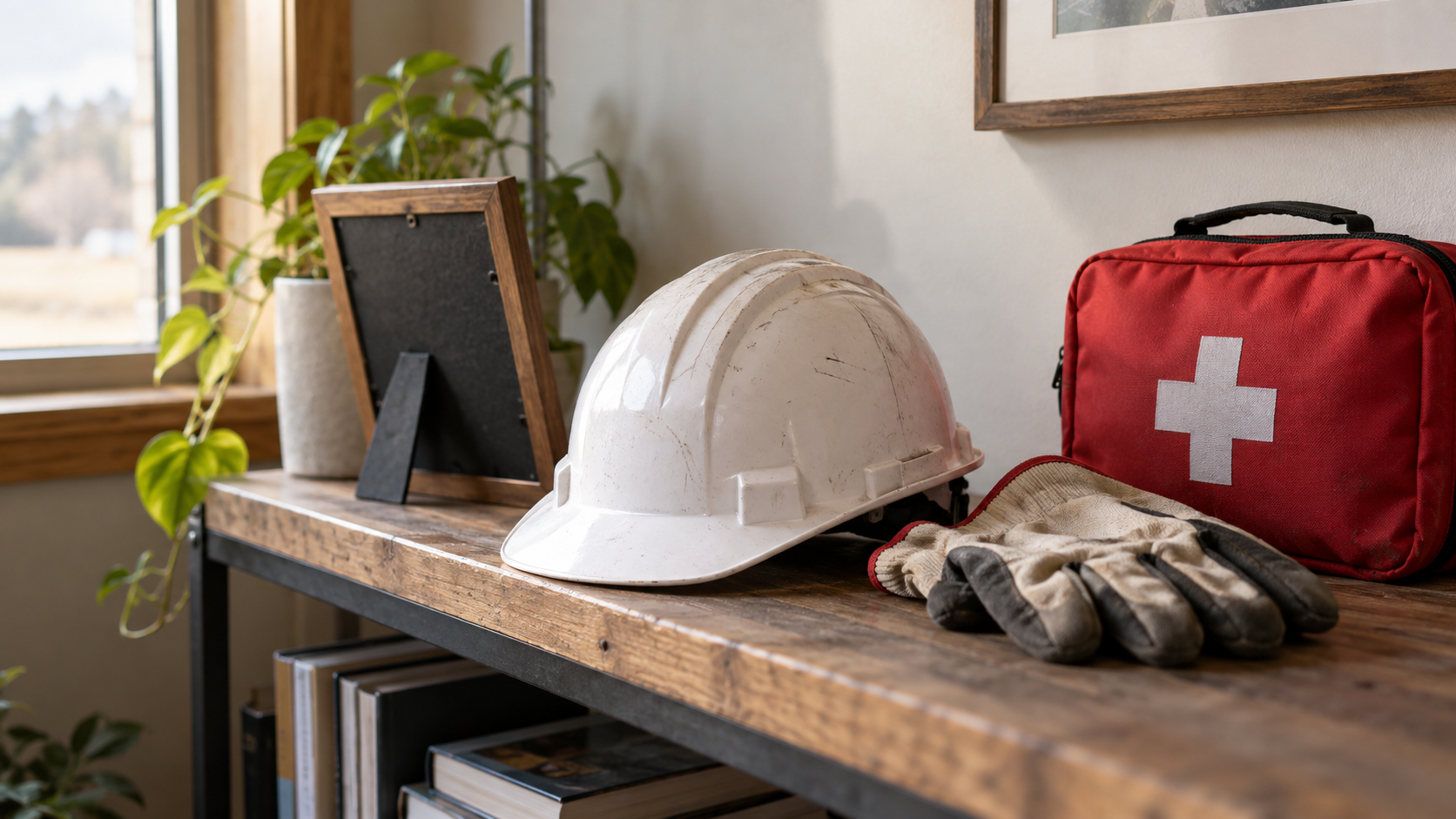 Work gloves, a hard hat, and a first aid kit on a workshop shelf