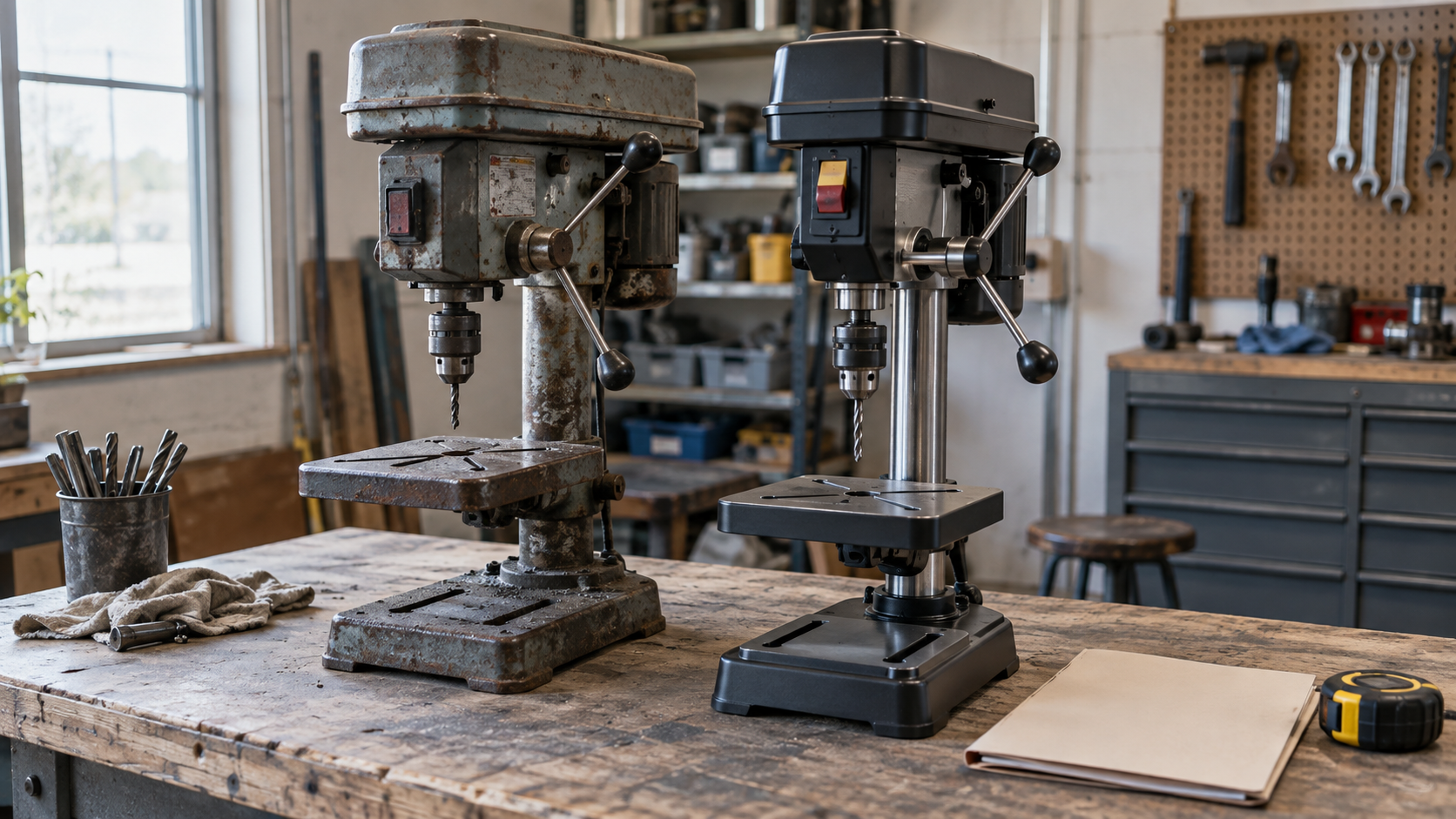 Older and newer workshop drills beside a business equipment folder