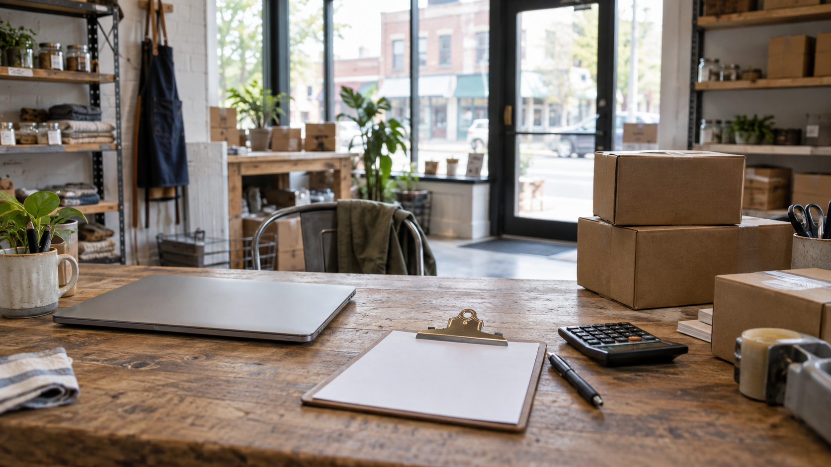 Small business counter with a laptop, inventory boxes, and a planning clipboard